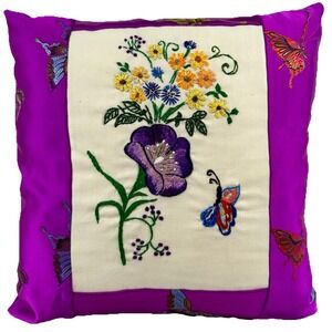 Handmade Embroidered Floral Butterfly Throw Pillow 12x12 Purple‎ Satin EUC
